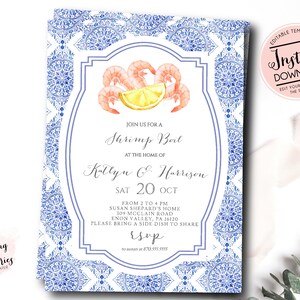 May include: A blue and white patterned invitation for a shrimp boil. The invitation features a watercolor illustration of shrimp and a lemon slice. The text reads "Join us for a Shrimp Boil at the home of Katlyn & Harrison Sat 20 Oct from 2 to 4 PM Susan Shepard's Home 309 McClain Road Enon Valley, PA 16120 Please bring a side dish to share RSVP".