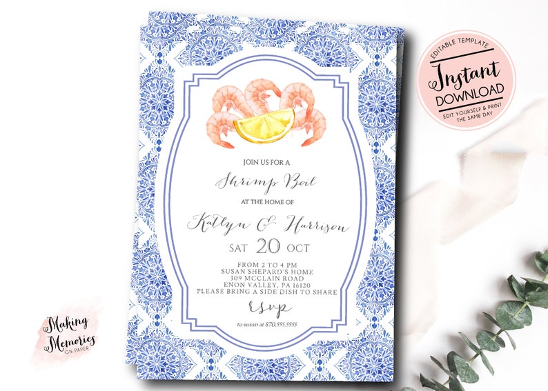 May include: A blue and white patterned invitation for a shrimp boil. The invitation features a watercolor illustration of shrimp and a lemon slice. The text reads "Join us for a Shrimp Boil at the home of Katlyn & Harrison Sat 20 Oct from 2 to 4 PM Susan Shepard's Home 309 McClain Road Enon Valley, PA 16120 Please bring a side dish to share RSVP".