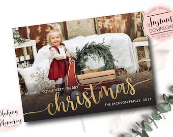 Merry Christmas Photo Card, Merry Christmas, Christmas Photo Card, Printable, Holiday photo card, Gold foil christmas