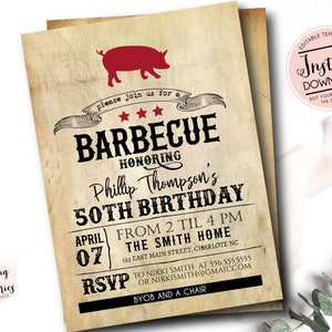 May include: A vintage-style invitation for a 50th birthday barbecue. The invitation features a red pig illustration, a banner with the text "Barbecue", and the details of the event, including the date, time, location, and RSVP information.