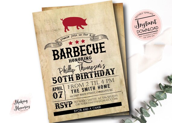 BBQ Birthday Invitation, BBQ Invite, Barbecue Invite, backyard BBQ, Summer adult birthday, Edit yourself instant download, Man birthday