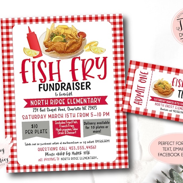 Fish Fry Fundraiser Flyer, Editable Fish Fry fundraiser invitation, pto pta Church School Charity, Fish Fry Benefit Template, raise money