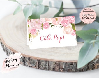 Pink Floral Watercolor Food Tent Cards, Flower Food Tent cards, Editable Food Tent Card Template - Place Setting - INSTANT DOWNLOAD p2