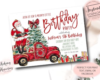 May include: A Christmas-themed birthday party invitation featuring Santa Claus, a red truck, and a Christmas tree. The invitation text reads "Birthday Party" and includes event details for Jackson's 5th birthday.