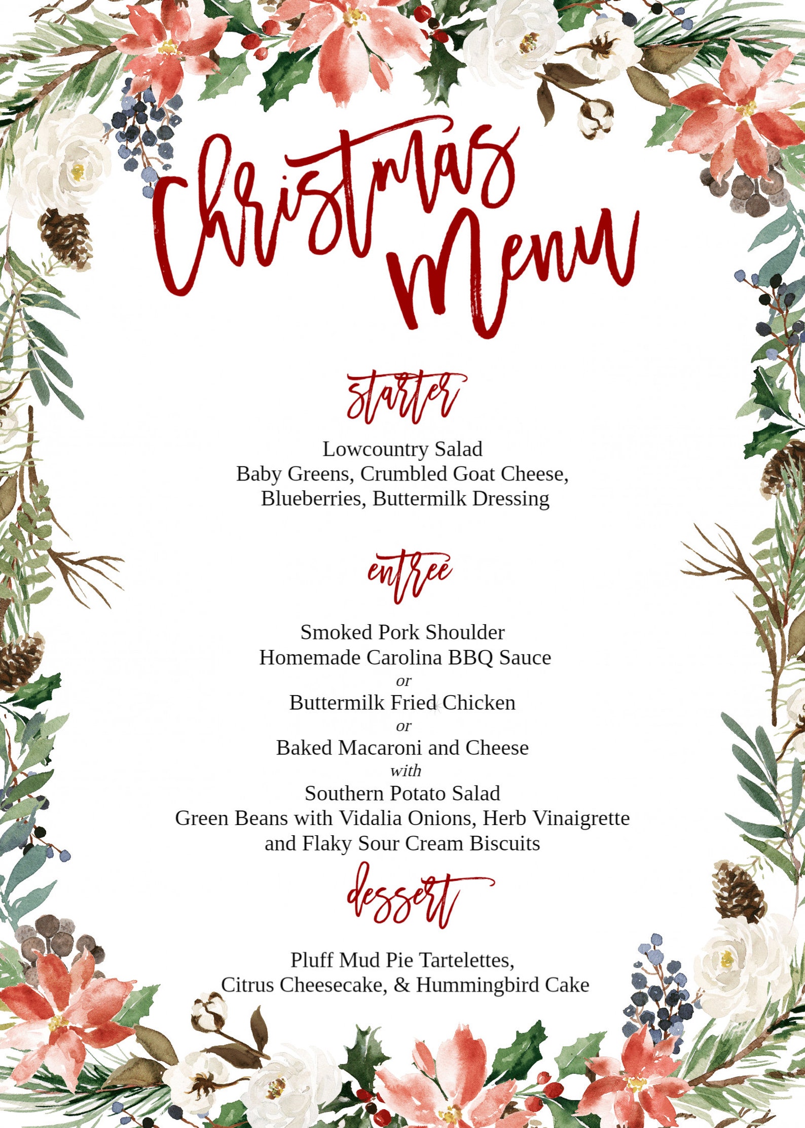 Christmas Menu Greenery Menu Holly Menu Christmas Shower Etsy