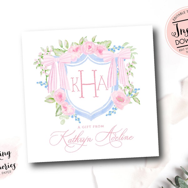 Personalized Gift Enclosure Cards, Monogrammed Enclosure Cards, Pink gingham crest Gift Enclosure Card, girl Calling Card, grandmilliniel