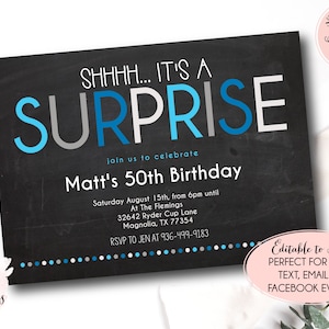 Shhh It's a Surprise Party Birthday Invitation, Boy Surprise Birthday, Adult Surprise Birthday, Invitation 30th, 40th, 50th, 60th Instant