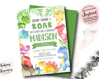 Dinosaur birthday invitation, dinosaur birthday party, dinosaur party, Instant Download, Edit yourself, Template, Printable, Boy Dino Party