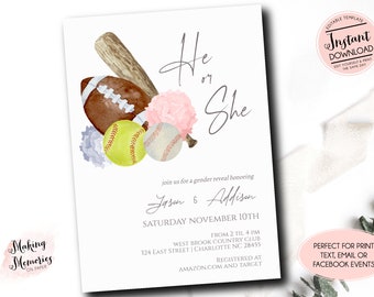 Sports Gender Reveal invitation, Football Gender Reveal invitation, he or She Invite, Baseball softballGender Reveal Invitation, Boy or Girl