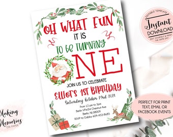 Puede incluir: Una invitación de cumpleaños con temática navideña con el texto "Oh What Fun It Is To Be Turning One". La invitación incluye una ilustración de Papá Noel, cajas de regalo y un reno. La invitación es para el primer cumpleaños de Elliot.
