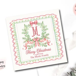 Personalized Wreath Christmas, bow Gift Tags, Monogram Holiday Gift Tag, Christmas Labels,  Watercolor Hang Tag Chinoiserie Grandmillenial