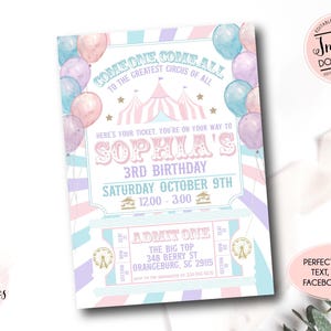 Pink Carnival Birthday Invitation, Girl Circus Birthday Invitation, Edit yourself instant download circus invite, Circus first birthday