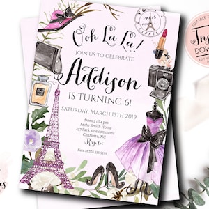 Paris Invitation, Paris Birthday Party, Purple Eiffel Tower, Paris Invite, Ooh La La, Paris Theme Printable Birthday Edit yourself instant