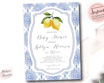 Lemon Baby Shower Invitation, Tile Lemonade baby shower, Summer baby shower, southern lemon baby shower INSTANT DOWNLOAD Editable Template