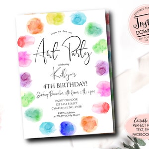 Art Birthday Party Invitation, Editable Art Party invitation, Paint Birthday Invitation, Paint and Poor Birthday, art party Template