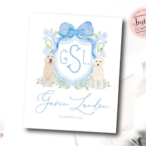 Printable Watercolor Puppy Monogram Crest, Hospital Door Sign, boy Nursery art, Puppy Hospital Sign, boy Girl Monogram & Name, birth stats