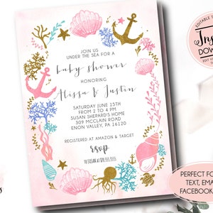 Nautical Baby Shower Invitation, Ocean baby shower invitation, girl ocean baby shower invite, Sea baby shower Invitation, Instant Download