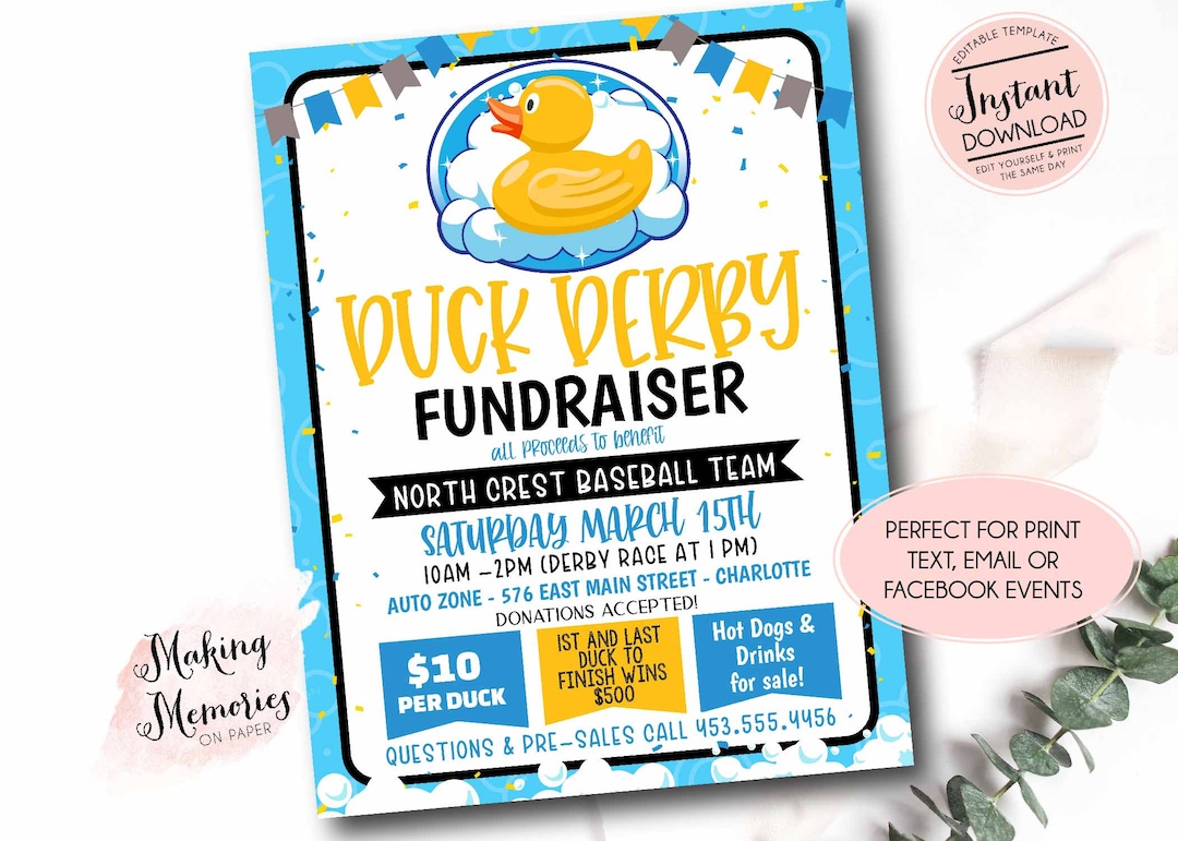 Rubber Duck Race Fundraiser Flyer, Editable Duck Derby Template, Pto