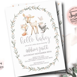 Woodland Baby Shower Invitation, Girl Woodland Baby Shower Invite, Baby Shower invite, Modern baby shower Edit yourself instant download