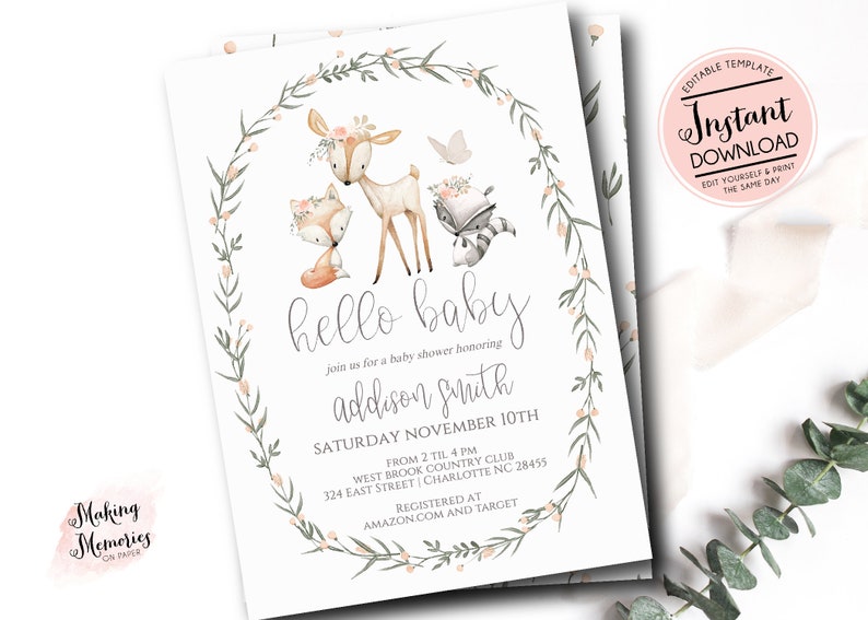 Woodland Baby Shower Invitation Girl Woodland Baby Shower Invite Baby Shower invite Modern baby shower Edit yourself instant