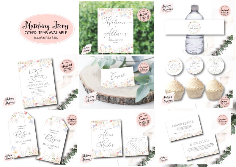 Pu&ograve; includere: Un set di decorazioni per feste di addio al nubilato stampabili con un design floreale con il testo "Love is Blooming" e "Addison Seller". Il set include inviti, topper per cupcake, un cartello di benvenuto, un'etichetta per bottiglia d'acqua, una scheda di lotteria per pannolini, una scheda di libro al posto di, e schede di consigli e desideri.