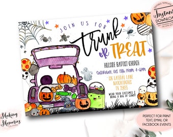 Trunk or treat invitation, trunk or treat flyer, church fall festival, Halloween Party Invite, Church Trunk or treat advertisement, instant