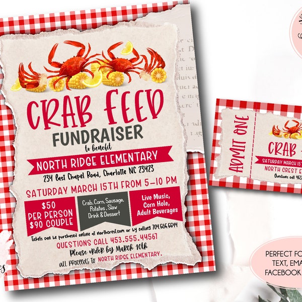 Crab Boil Fundraiser Flyer, Editable Crab Feast Fundraiser Flyer and Ticket, Church School Charity, Seafood low country boil, Crab Feed