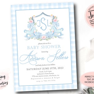Rocking Horse Baby Shower Invitation, blue Rocking Horse invitation, Watercolor boy Baby Shower Invitation, Preppy Crest monogram shower