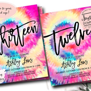 teen birthday invitation, Editable teen birthday invite, Tie dye birthday invitation, any age girl birthday invite, Instant Download