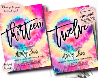 teen birthday invitation, Editable teen birthday invite, Tie dye birthday invitation, any age girl birthday invite, Instant Download