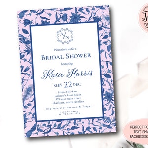 Chinoiserie Monogram Bridal Shower Invitations, Preppy Southern Toile Monogram Bridal Shower Invitation,  Monogram Invitation, Preppy shower