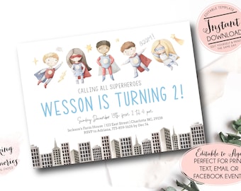 May include: A superhero-themed birthday invitation with illustrations of cartoon superheroes. The invitation reads "Wesson is Turning 2!" and includes event details. The design features a cityscape at the bottom and the text "Instant Download".