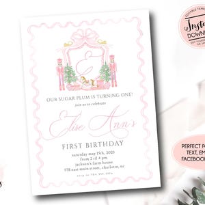 Nussknacker Babyparty, Eine kleine Zuckerpflaume ist unterwegs, Rosa Nussknacker Wappen Einladung, Preppy Nussknacker einladen, Winter-Babyparty
