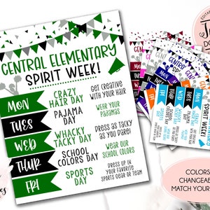 Spirit week template, Spirit week schedule, School spirit week flyer, Spirit week planner, Edit yourself instant download school colors