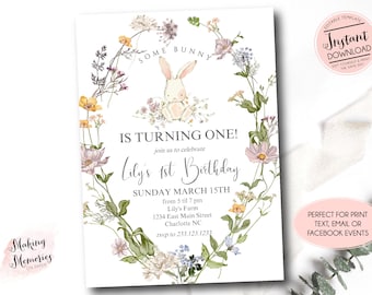 Some bunny is one birthday invitation, bunny birthday party invitation, easter invite, Template, Editable Bunny Birthday invite, some bunny