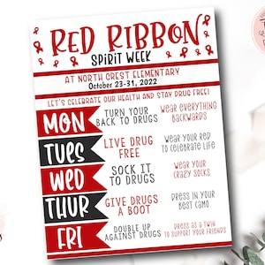 Red Ribbon Spirit week template, Spirit week schedule, School spirit week, Drug free Spirit Week Flyer, Red Ribbon Week Itinerary Flyer image 1