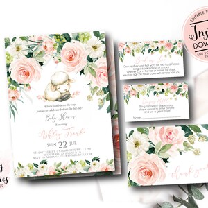 Lamb baby shower invitation set, Little Lamb, sheep invite, Its a girl baby Shower, pink flowers, INSTANT download edit yourself, blush, et3