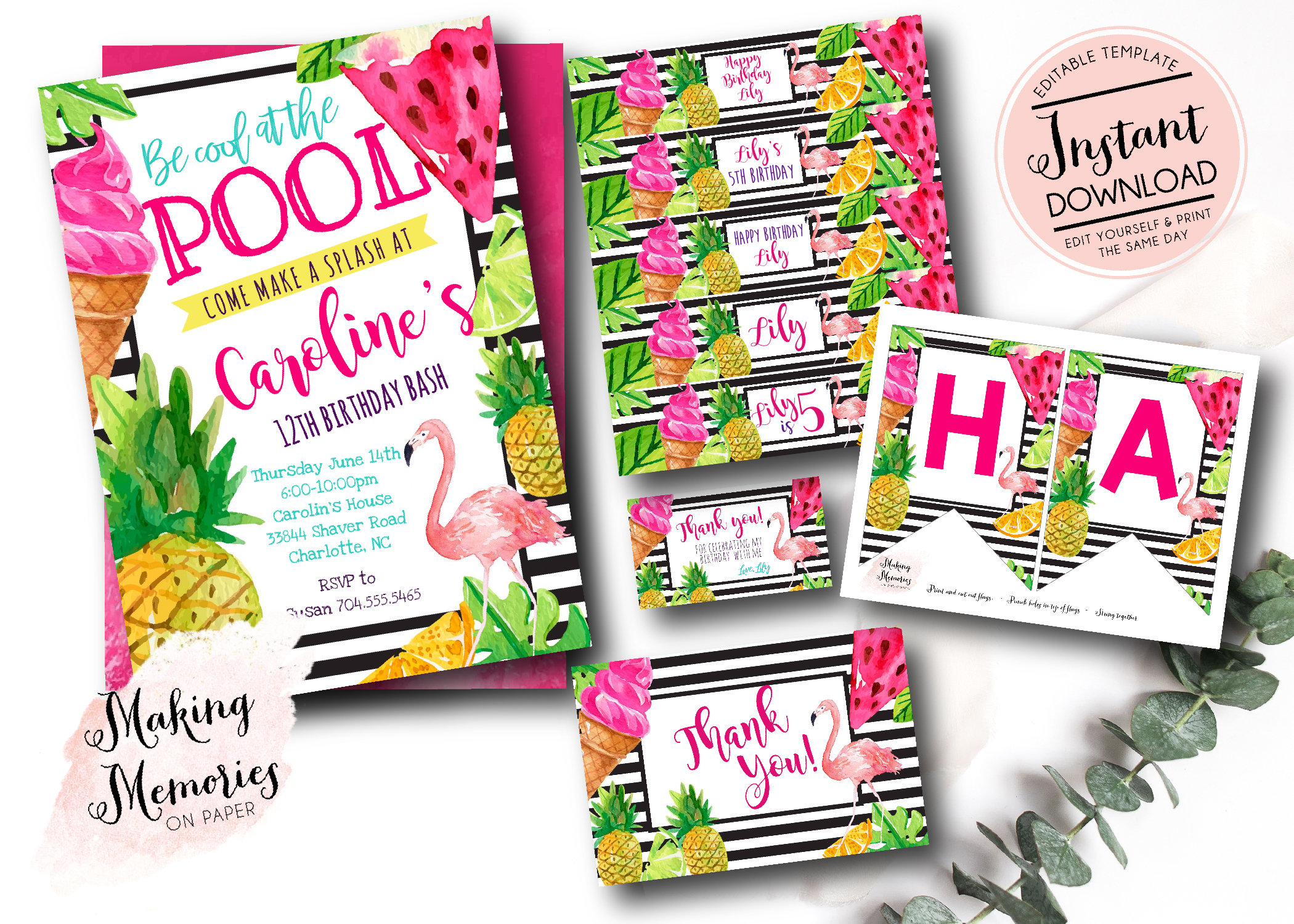 Pool Party Invitation Set, Tropical Pool Party, Birthday Invitation ...