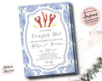 Crawfish Boil Invitation, Crawfish Boil Engagement Invitation, blue tile, low country boil invite, Edit yourself Instant, couples shower