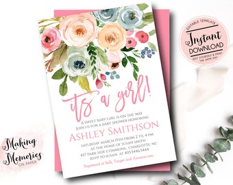 Girl Baby Shower Invitation, Its a girl baby shower invite, Pink baby shower invitation, It's a girl, INSTANT download, edit yourself invite