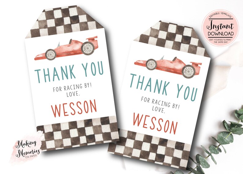 May include: Two racing-themed gift tags with a watercolor race car illustration. The tags feature the text "THANK YOU" and "FOR RACING BY! LOVE, WESSON". The top of the tags have a black and white checkered pattern.