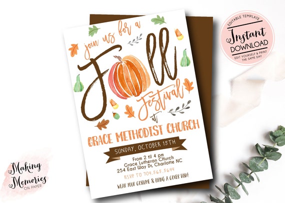Fall Festival Invitation, School fall Festival Invite, church fall Festival Invitation, Edit yourself instant download, Church fall fest