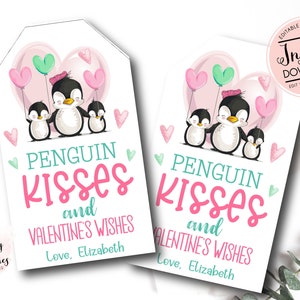 Penguin Valentine's Tags, Penguin favor tags, School Valentine Tags, Penguin Kisses and Valentine wishes tag, etiquetas personalizadas de Valentine