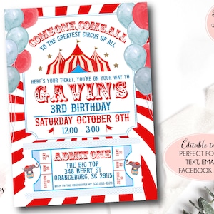 Carnival Birthday Invitation, Carnival ticket Birthday Invitation, Edit yourself instant download circus invite, Circus first birthday