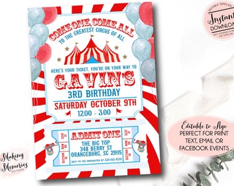 Carnival Birthday Invitation, Carnival ticket Birthday Invitation, Edit yourself instant download circus invite, Circus first birthday