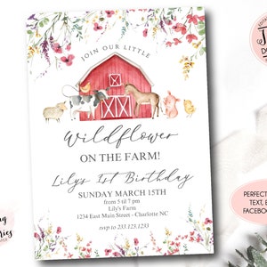 Wildflower Farm Birthday Invitation, girl farm invitation, girl farm invite, wildflower birthday  invite, barnyard party, Instant Download