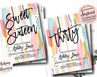 Sweet Sixteen invitation, Abstract Birthday Invitation, Teen birthday invite, Modern Birthday invitation, Abstract Watercolor, Instant