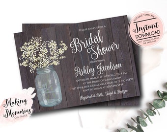 Rustic Mason Jar Bridal Shower Invitation, baby breath, Invitation, baby, Floral Invite, Flower Invite, Marsala, INSTANT, Template