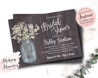 Rustic Mason Jar Bridal Shower Invitation, baby breath, Invitation, baby, Floral Invite, Flower Invite, Marsala, INSTANT, Template