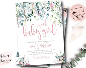 Girl Baby Shower Invitation, sweet baby girl shower invite, Pink baby shower invitation, It's a girl, INSTANT download, edit yourself